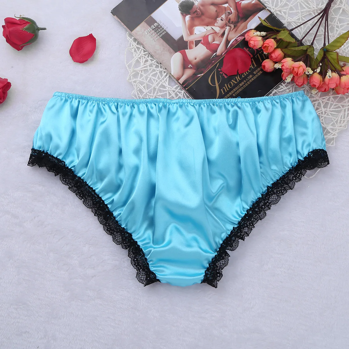 Mens Sissy Underwear Lingerie Crossdress Panties Shiny Satin Frilly Ruffled Lace Bowknot Knickers Bloomers Briefs Underwear