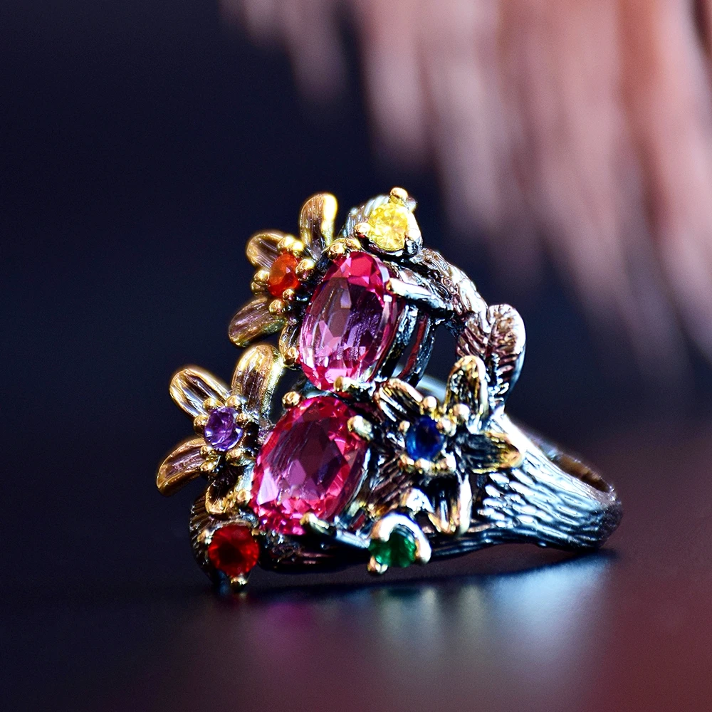 DreamCarnival 1989 Stunning CZ Ring for Women Engagement Party Vintage Flower Eye Catching Fuchsia Zircon Jewelry LOL WA11688FU