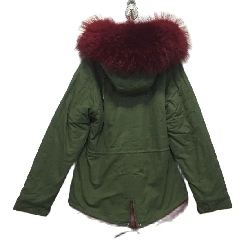 Winered Fox Fur Lined Fashionable Real Raccoon Fur Collar Coat With Hoodies Short Fur Parka For Ladies Casual Wear