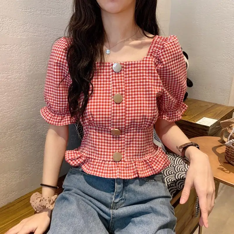 Shirts Women Sweet Square Collar Plaids Simple Abdomen Hipster Mujer Tops Summer Maiden Ruffles Clothing Korean Style Street Ins