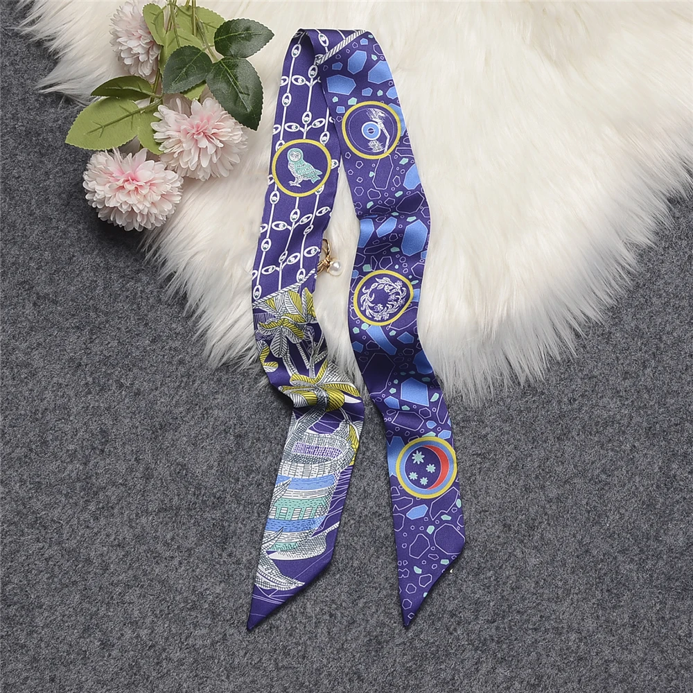 New Luxury Female Knight Owl Brand Scarf Design Women 100% Silk Scarf Fashion Headwear Skinny Bag Hair Scarves Neckerchief