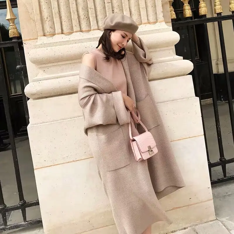 Women Autumn Winter Thick Cozy Loose Long Sweater Coat Full Sleeve Knitted Cardigan Jacket Open Stitch Overcoat