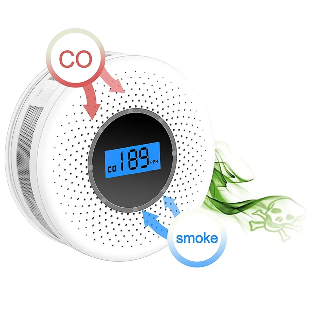 Detector de monóxido de carbono y humo alimentado por batería, combinación de alarma de CO para fumar, pantalla Digital LED, alerta de voz, Sensor de seguridad para el hogar