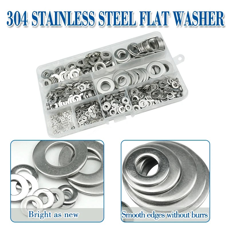 940pcs Washer Set M2 M3 M4 M5 M6 M8 M10 M12 Stainless Steel Washer Flat Washers Ring Plain Washer Gaskets Assortment Kit GB97