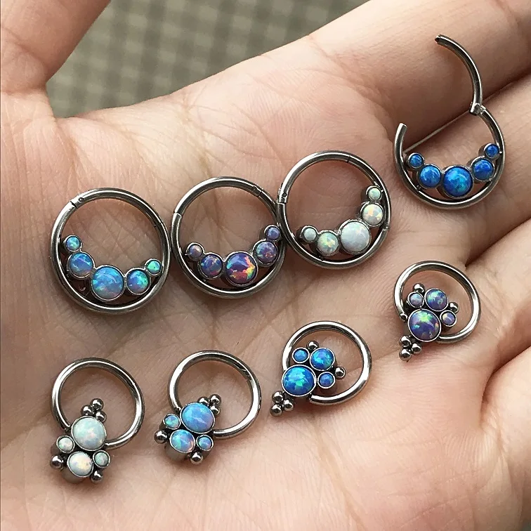 16G Surgical steel Opal Clicker Piercing Segment Nose Hoop Rings Hinged Ear Nose Septum Piercing Women Men Body Jewelry Ombligo
