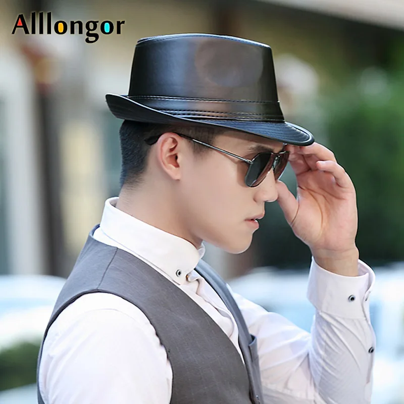 Fashion Pu Leather Gentleman Fedora Hat Men Autumn 2024 Fedoras Solid Black Vintage Dad Hats chapeau Femme Cap Panama Jazz Hat