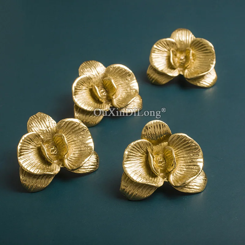 Brand New 4PCS Solid Brass Orchid Furniture Handles Drawer Pulls Cupboard Wardrobe Kitchen TV Shoe Cabinet Pulls Handles Knobs