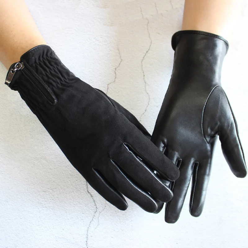 New Women's suede sheepskin gloves plus velvet leather fashion zipper warm high-end gloves for autumn and winter