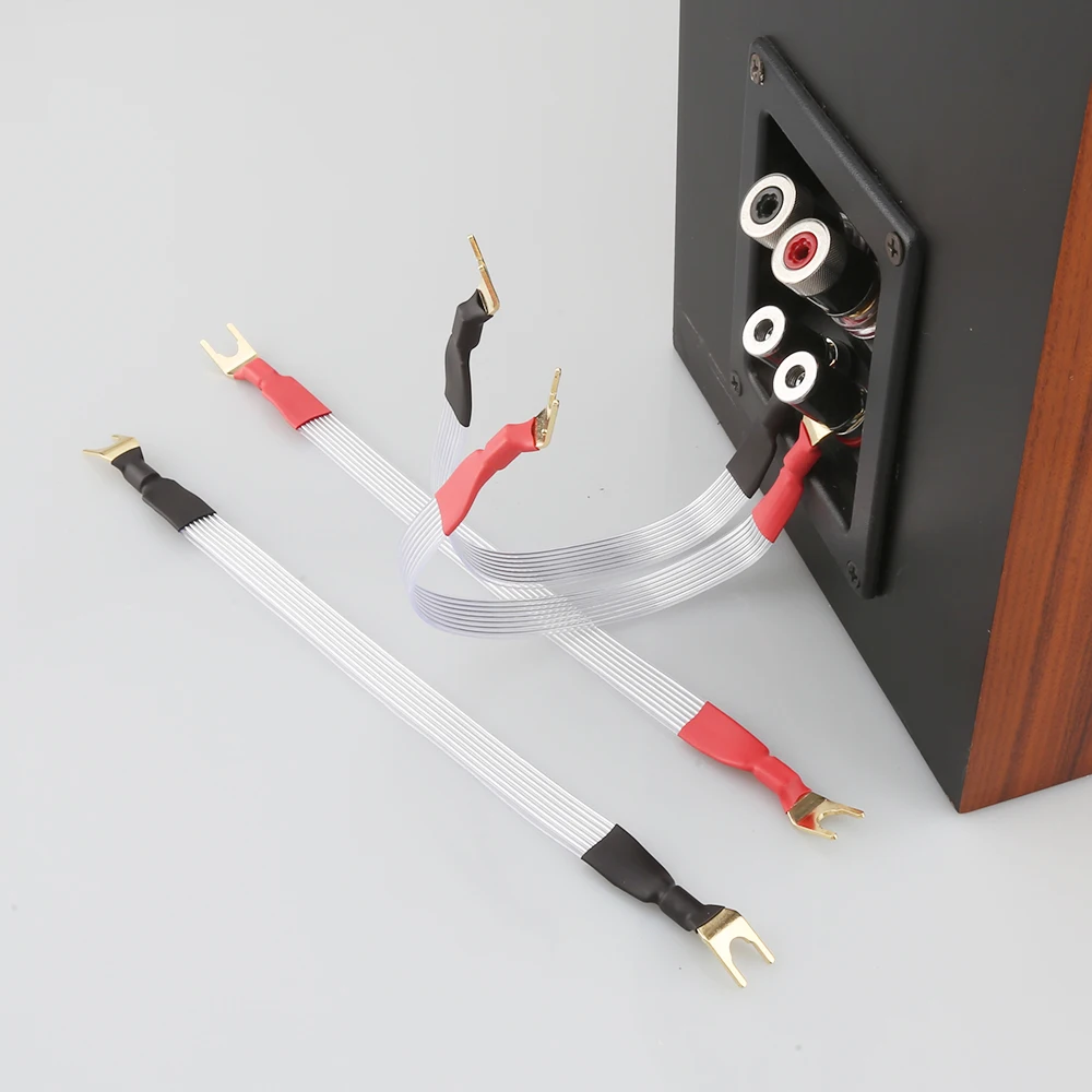 4pcs 15cm DIY Audio Speaker Wire Silver Plated Jumper Cable Flat Jump Cable with Banana to Spade Bridge Connector