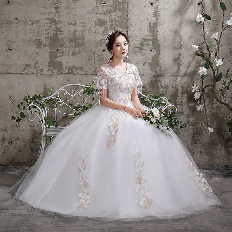 chinese dress ladies Plus Size Long Sleeves Wedding Dress,Gorgeous Lace Up Back Bridal Dress,WD00672, US22W / Champagne