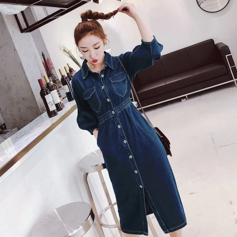 

Denim Women Dress Autumn New Elastic Waist Fashion Elegant Lantern Sleeve High Waist Dress Casual Single Breasted Midi Dress 5XL