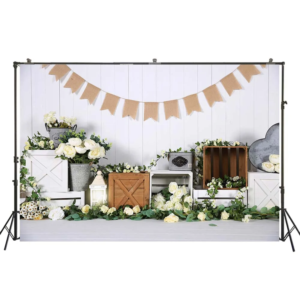 Photography Backdrop White Wood Wall Spring Floral Background Children Newborn Baby Birthday Decorations Studio Props W-4338