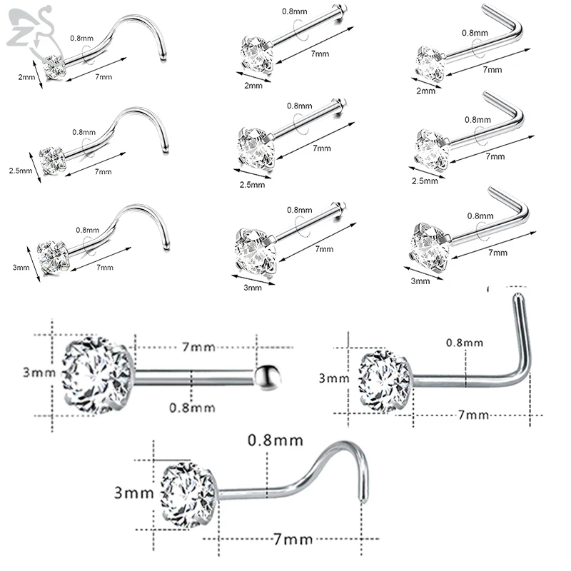 ZS 3-12pcs/lot 20G Stainless Steel Nose Stud Set for Women CZ Crystal Round Nose Piercings L Shape Nostril Piercing Body Jewelry