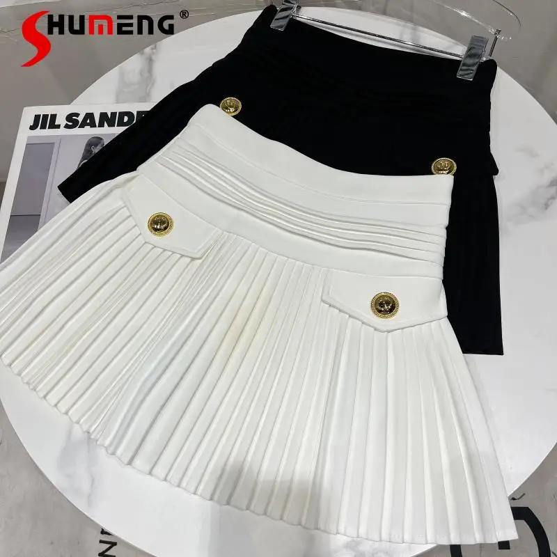 

Preppy Style Metal Buckle Cotton Blend short Pleated Skirt Women's A- line mini Pettiskirt 2022 Spring New black skirt faldas