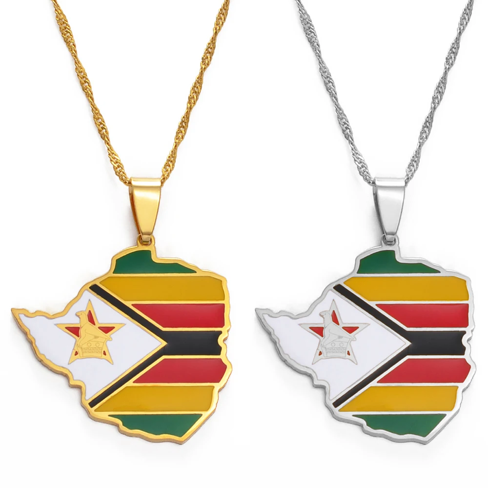 Anniyo Map of Zimbabwe Flag Pendant Necklaces Silver Color/Gold for Women Girls Stainless Steel Zimbabweans Maps Chains #154321