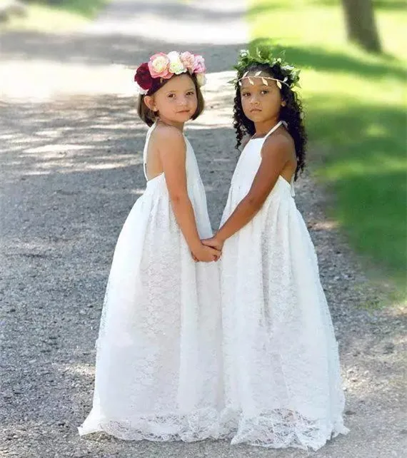 

Summer Beach Flower Girls Dress White Lace Sexy Halter Backless A Line Floor Length Holy Communion for Weddings Vestidos