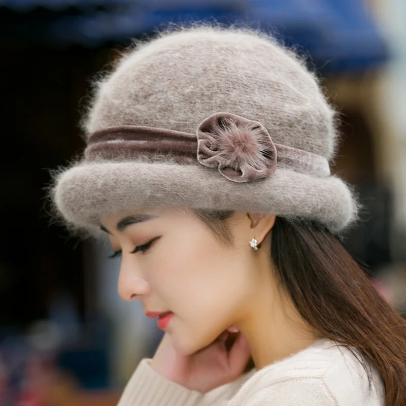 

H7713 Women Warm Bucket Hat Autumn Winter Female Rabbt Fur Thickened Knitted Fisherman Cap Middle-aged Elderly Mother Basin Caps