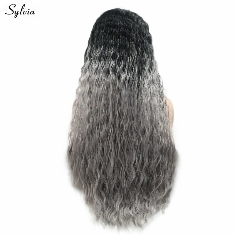 13x4 sintético gris oscuro peluca 26 pulgadas colores pelucas Ombre negro peluca con malla Frontal rizado destacar Frontal Cosplay cabello para las mujeres negras