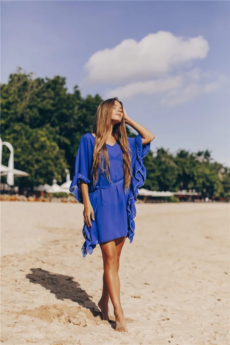 الأزرق الشيفون بيكيني التستر عادية الخامس الرقبة الخفافيش كم الذاتي مربوط الصيف فستان شاطئ صغير تونك المرأة مثير بحر التستر