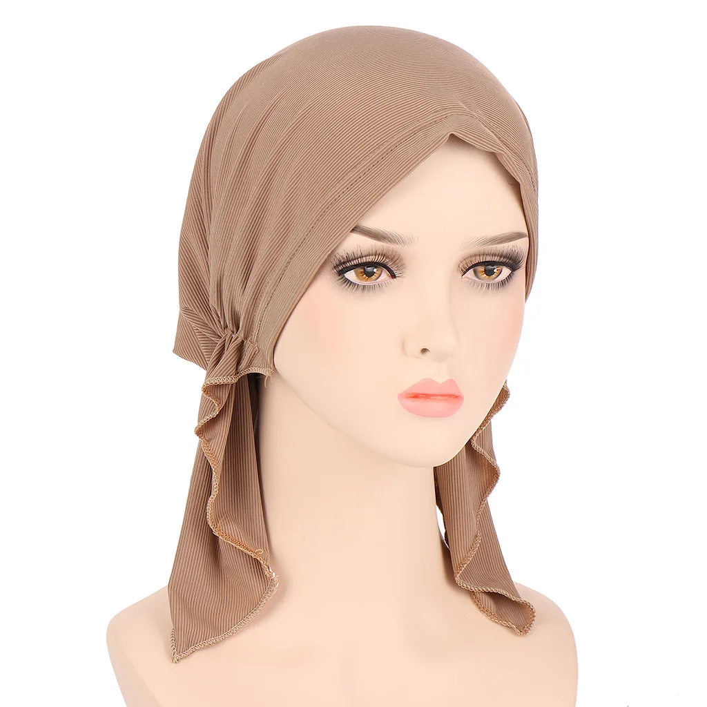 

New pinstripe floral cloth two-tail turban cap Muslim simple turban cap chemotherapy cap