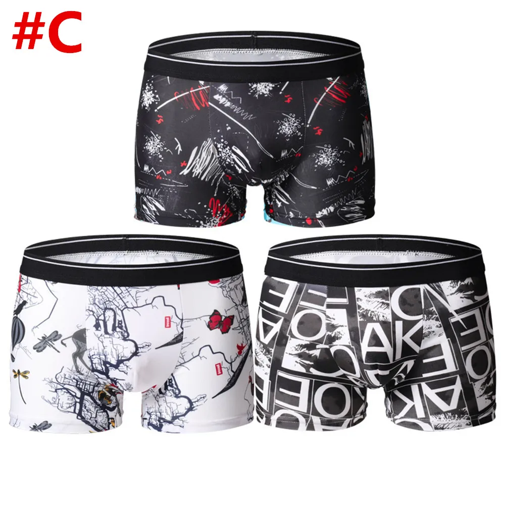 3 Pcs Sexy Panties Boy Ice Silk Men Printed Underwear Undies Underpants Fashion Boxer Briefs Breathable Homme Flexible Shorts