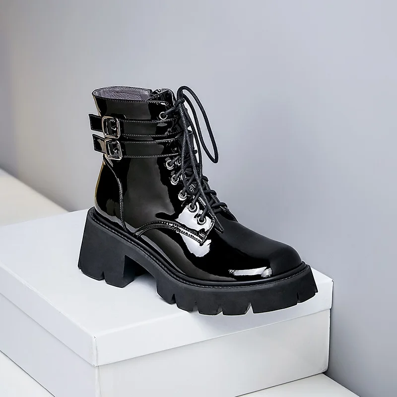 MEZEREON Cross-Tied Ankle Boots With Buckle Thick Bottom Cow Leather Platform Shoes Round Toe Zipper Women Boots 6.5 CM