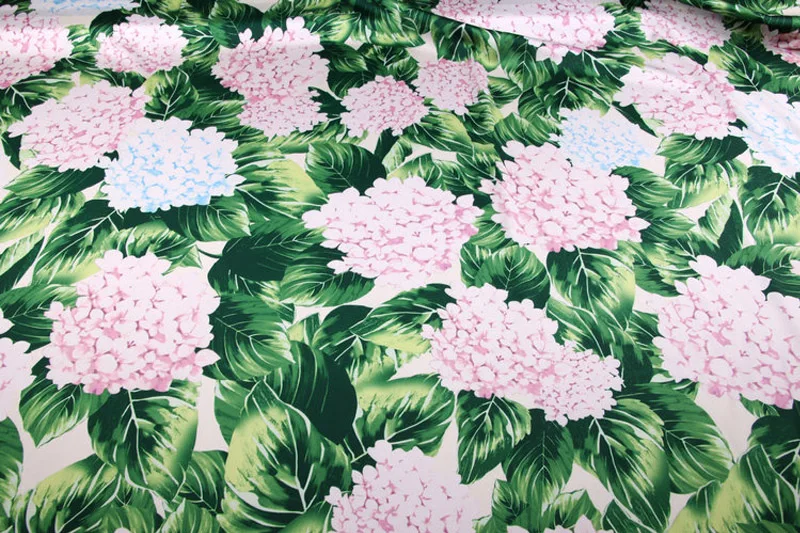 Fashion Hydrangea Green Leave Printed Imitate Silk Satin Fabric For Woman Girl Dress Blouse Pajamas DIY Cloth Sewing