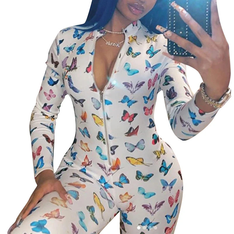 Women Butterfly Print Sexy Bodysuit Zipper V Neck Long Sleeve Sport Jumpsuits Rompers Yoga Sportswear Active Wear /2