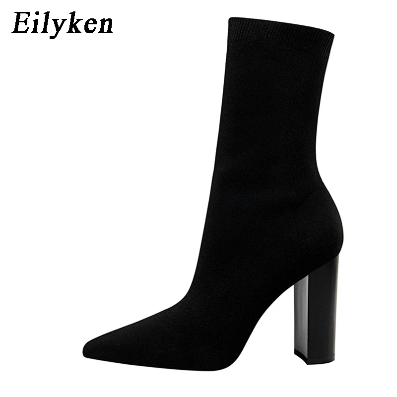 Eilyken Autumn Winter Comfort Stretch Sock Women Ankle Boots Fashion Square High Heel Pointed Toe Banquet Female Shoes