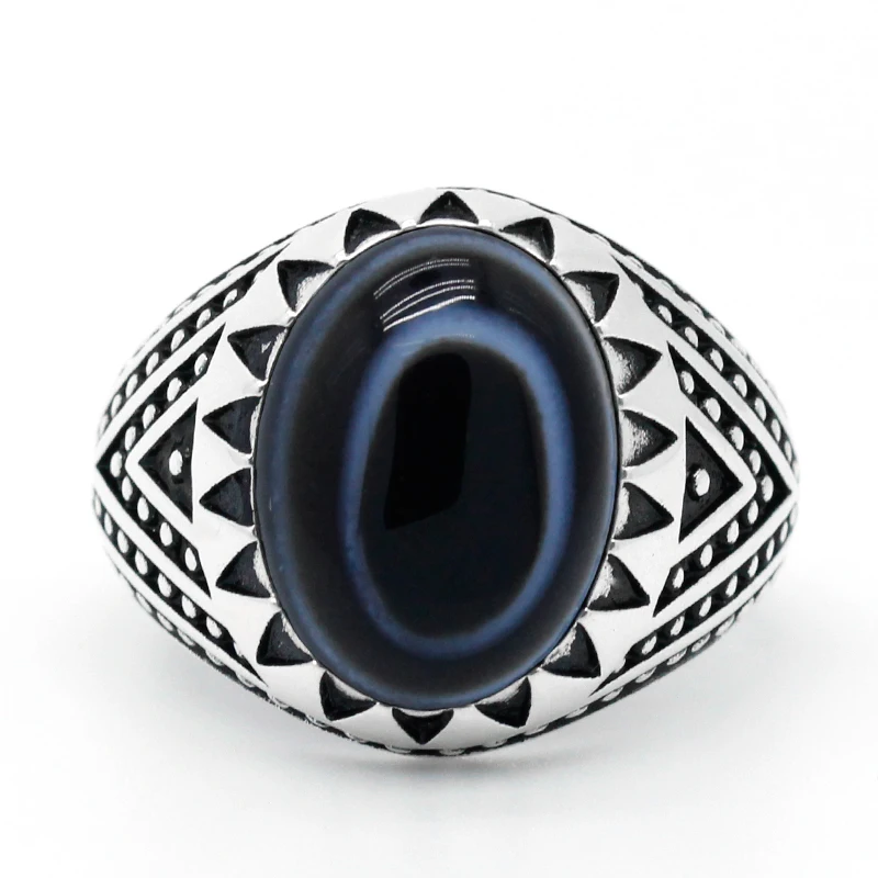 

Male Ring 925 Silver Rings Natural Agate Stone Retro Punk Style Turkish Jewelry Lucky Handmade Ring Fine Jewelry Gift