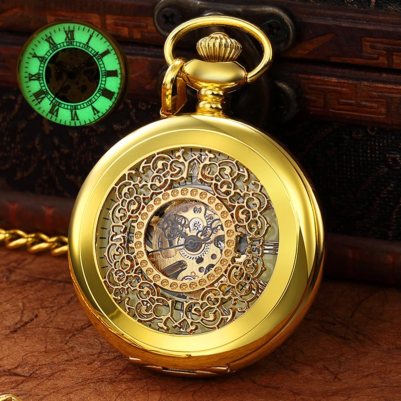 Golden Luminous Hand Wind Mechanical Pocket Watch FOB Chain Locket Dial Hollow Steampunk Skeleton Men Women Clock