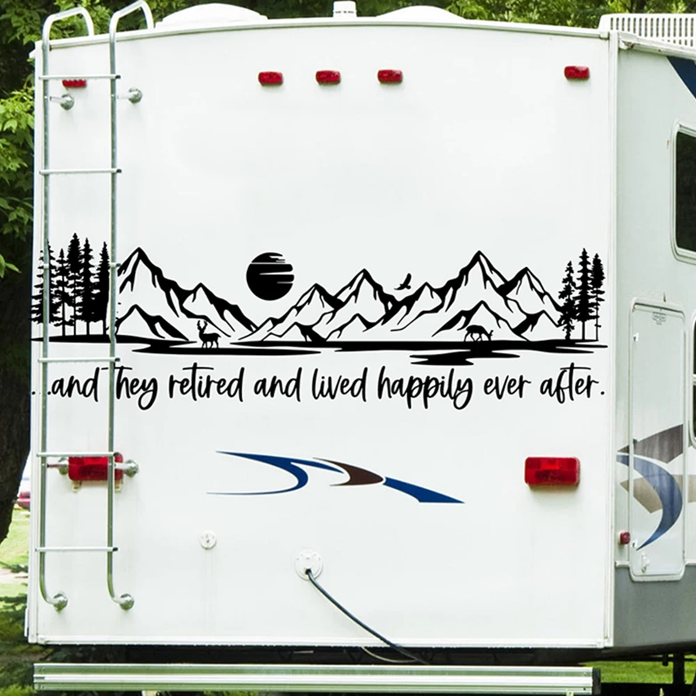 Large Camping Rv Mountain Happily Ever After Camper Wall Sticker Motorhome SUV Retired RVers Fathers Day Wall Decal Vinyl