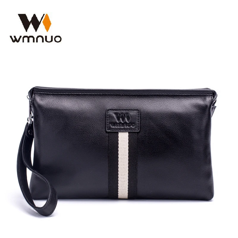 Wmnuo Men\'s Clutch Bags 100% Genuine Leather Double Layer Large Hand Bag For Male Long Wallets Envelope Bag Zipper Black Brand