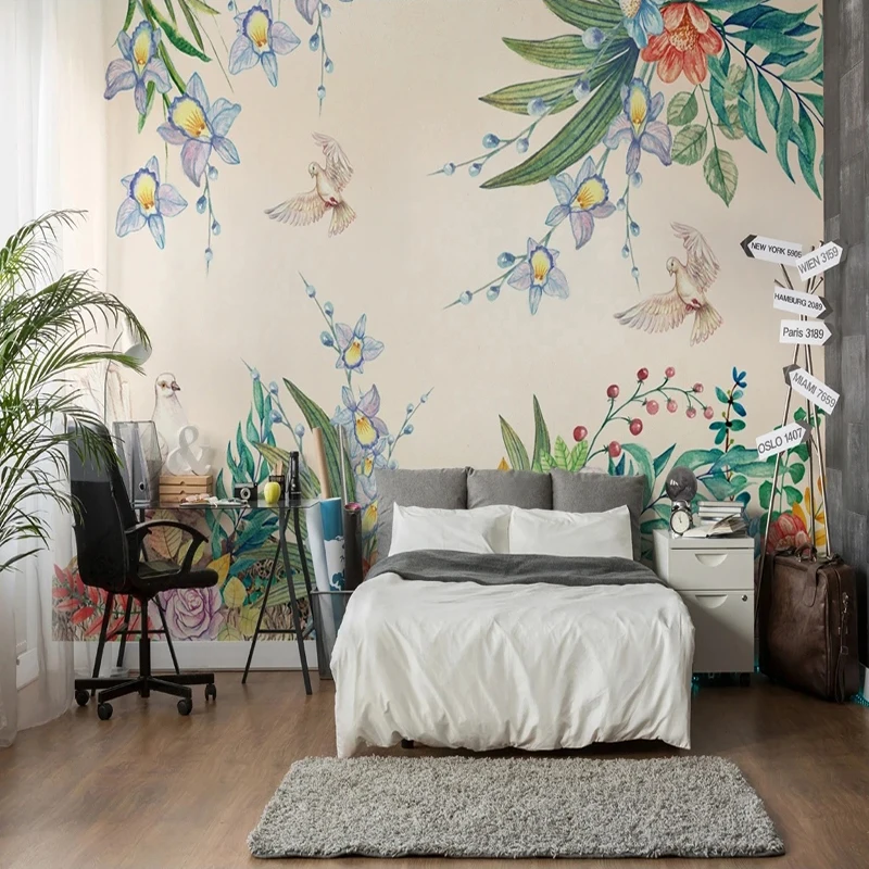 Bird 3D Mural Wallpaper Nordic Watercolor Hand Painted Floral Background WallPaper papier peint panoramique Home Decor 3D Mura;