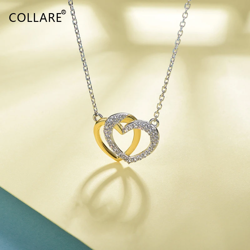 ChainsPro  925 Sterling Silver Double Heart Pendant Valentine's Day Gift Girl's Dainty Jewelry CZ Love Necklace Women P634