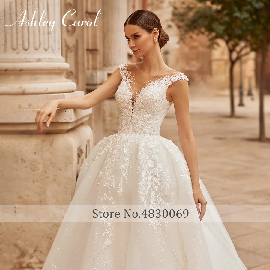 Ashley Carol Ball Gown Wedding Dress Princess Beaded V-neckline Sleeveless Appliques Lace Up Bridal Dress Vestidos De Novia