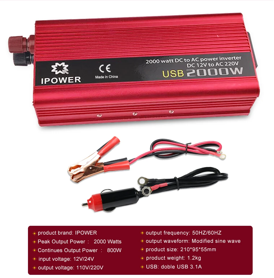 2000W Auto Inverter Universal 220v 2USB Power Inverter Power Adapter Modifizierte Sinus Welle Konverter Für Home Camping Solar invert