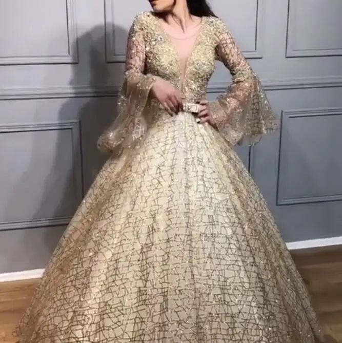 Splendido abito da sera con paillettes in pizzo con perline Design unico abito da ballo a maniche lunghe in stile arabo Dubai per occasioni formali