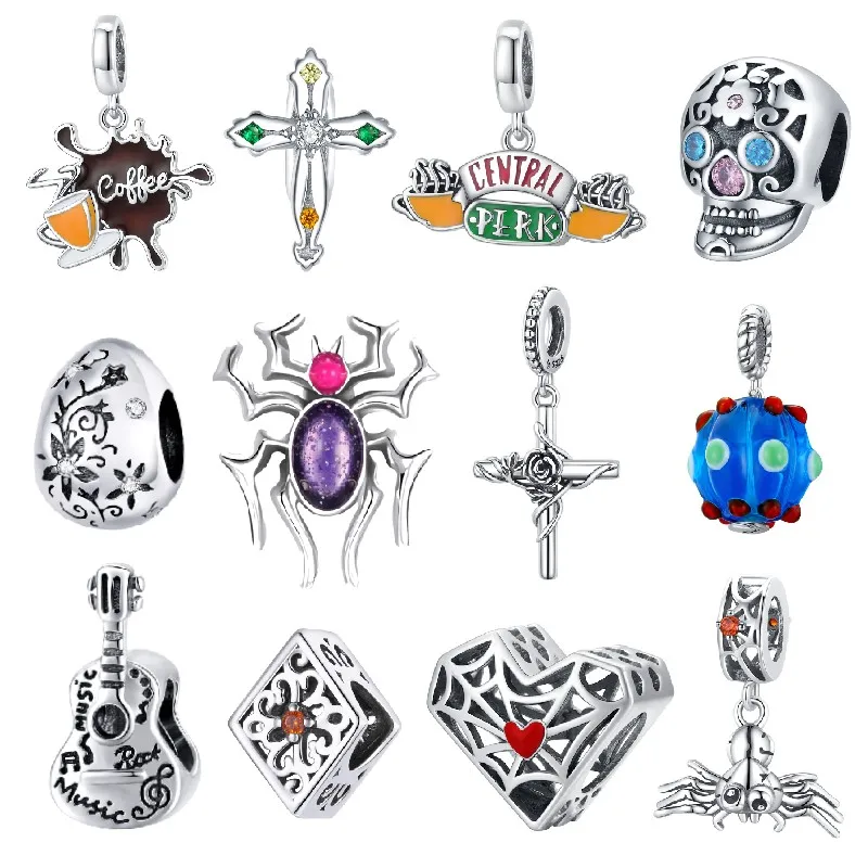 BISAER 925 Sterling Silver Rock Style Spider Hollow Skull Guitar Charms Bead For Original DIY Bracelet Jewelry Making EFC524