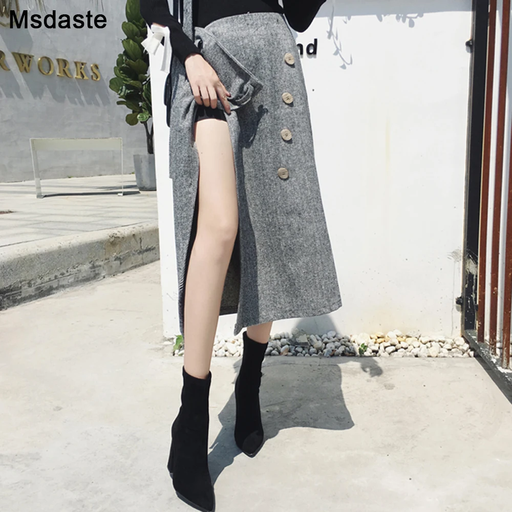 

Long Woolen Warm Striped Skirts Women 2020 Autumn Winter High Waist Sashes Elegant Office Work Midi Skirt Wool Saia Jupe Falda