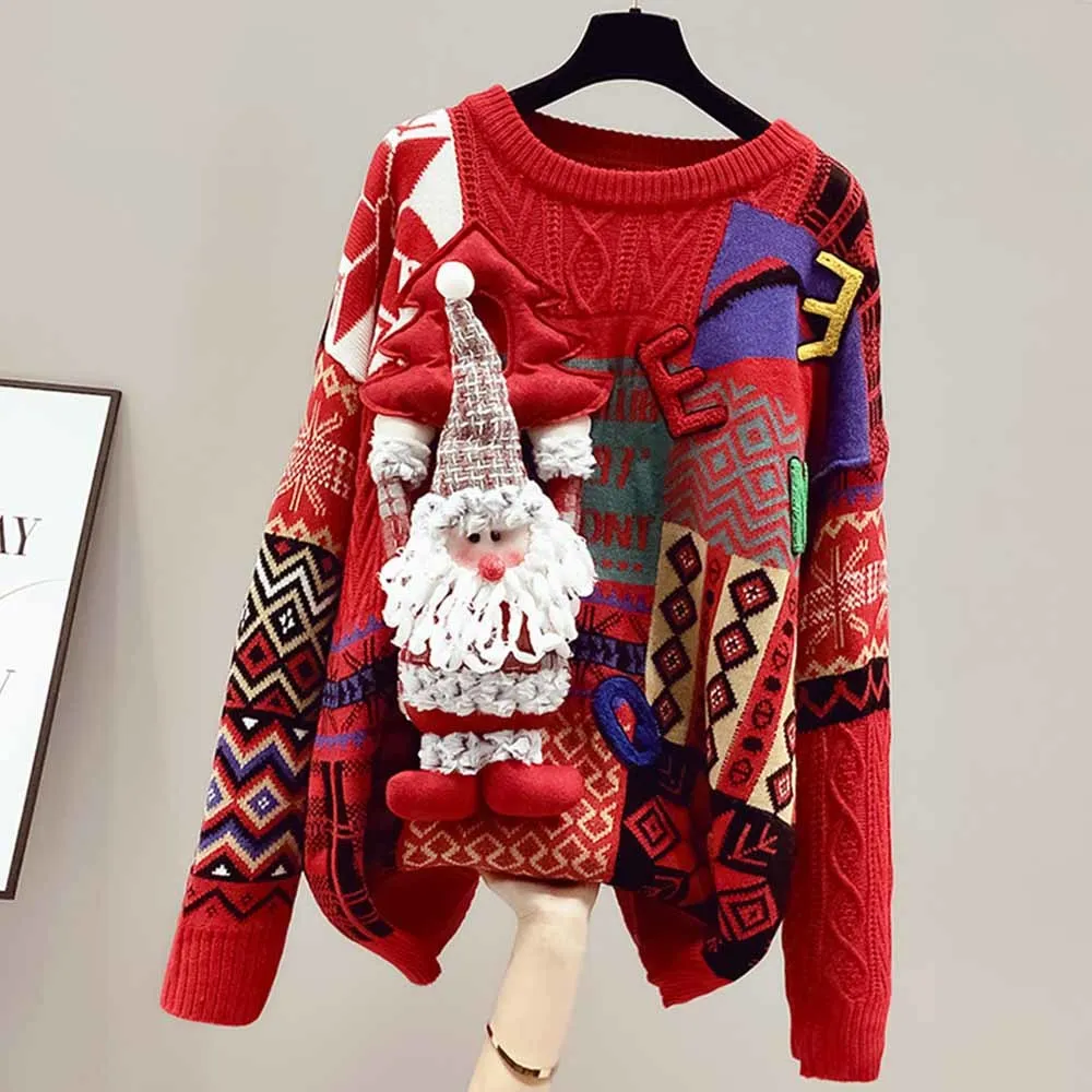 Women\'s Christmas Sweaters Cartoon Appliques Red Knit Pullovers Long Sleeve Autumn Winter Casual Loose Outerwear Sweater