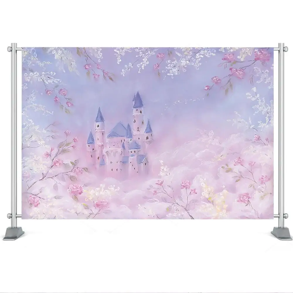 판타지 성-신생아 아기 초상화 배경 보라색 꽃 꿈꾸는 성 배경 소녀 예술 사진 스튜디오 소품