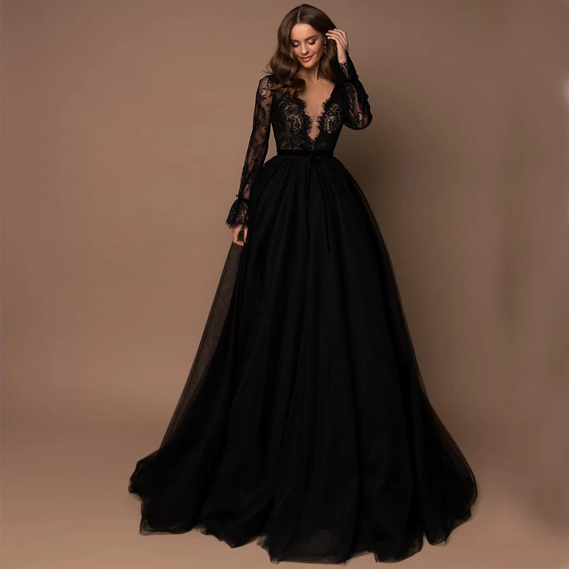 

Sexy V-Neck Lace Appliques Long Sleeve Belt Tulle A-line Zipper Prom Dresses 2022 Women Formal Evening Gowns robes de soirée