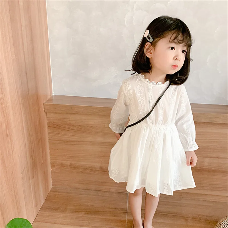 1-6T White Lace Dress For Girls Toddler Kid Baby Girl Clothes Long Sleeve High waist Sundress Cute Sweet Party Princess Dress