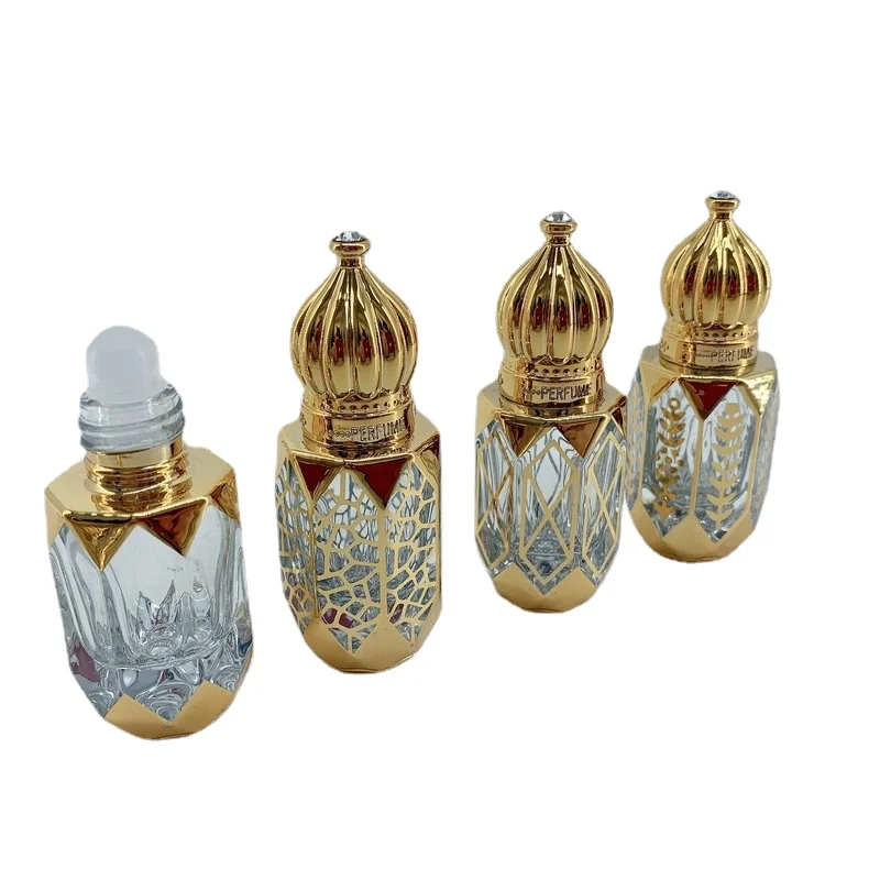 6ml altın arapça kristal uçucu yağ şişeleri Attar Oud cam parfüm şişeleri ile rulo damlalıklı etiket 10 adet/grup P323