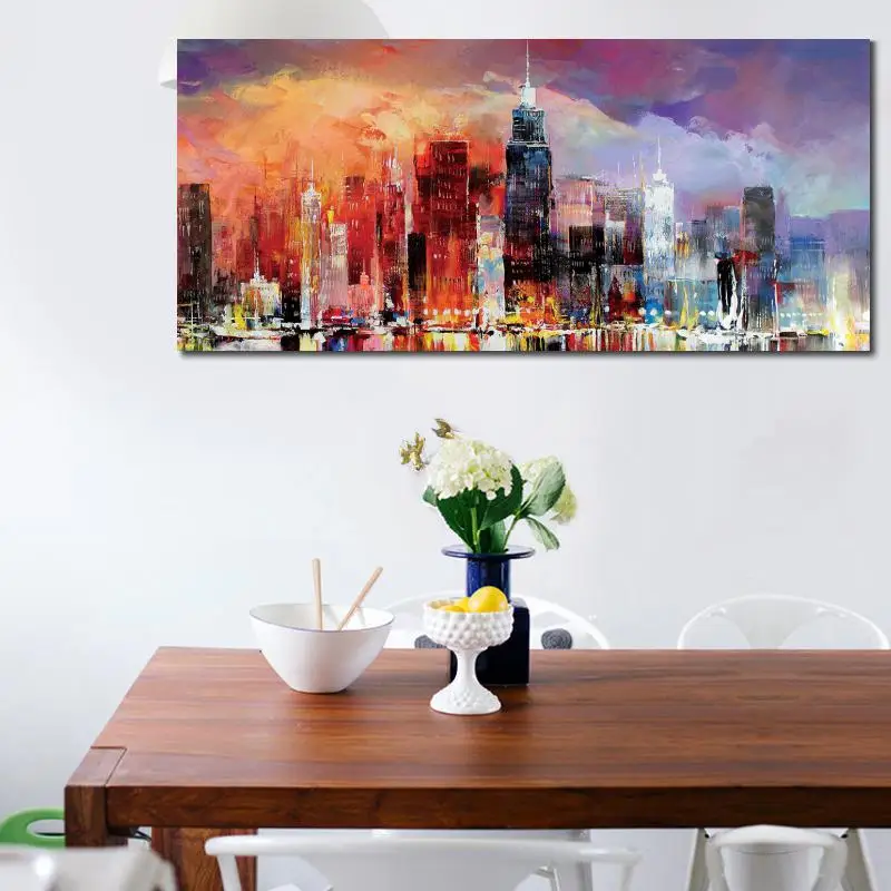 City Skyline Canvas Oil Painting  Landscape Impressionist  Reproduction Cityscape Hand Painted Wall Art for Living Room