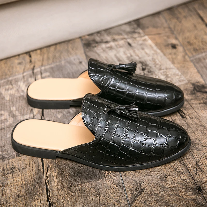 Mules Black Patent Leather crocodile Men Half Shoes For Man Fashion Designer Shoes Men‘s Luxury Zapatillas Hombre Casual Slip On