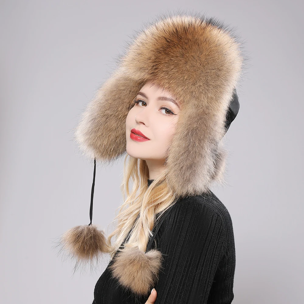 2024 New Women Natural Fox Fur Russian Ushanka Hats Winter Thick Warm Ears Fashion Bomber Hat Lady Genuine Real Fox Fur Cap