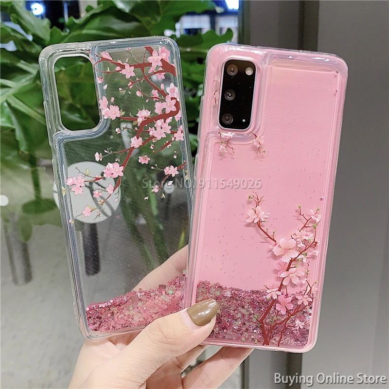 Pink Cherry Blossoms Shiny Cover For Samsung Galaxy S24 S23 S22 Ultra 5G S21 Plus S20 FE S9 Case Clear Glitter Liquid Quicksands