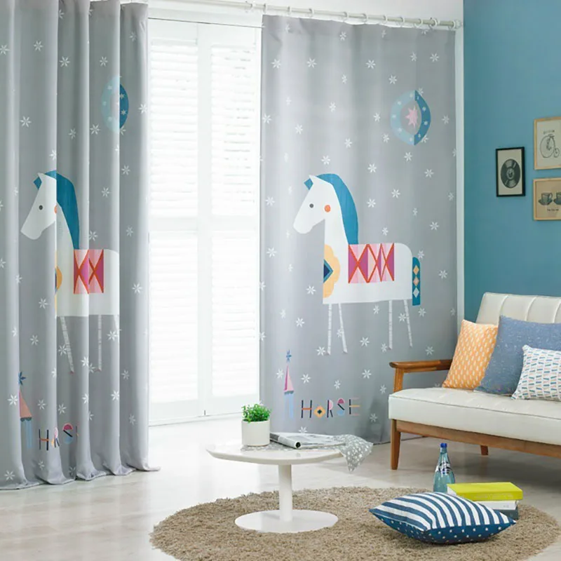 Blue Gray Cartoon Trojan Horse Window Curtains Nordic Style High Shade Sound Insulation Children'S Bedroom Curtains Customizable